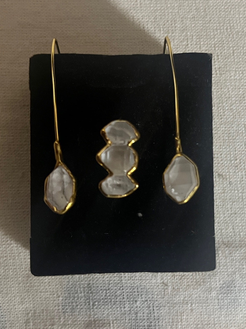 Ringcrush 24K Yellow Gold Herkimer Diamond 3-Stone Ring & Drop Earrings Set
